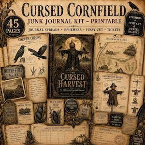 Peut inclure: Un kit de journal créatif imprimable intitulé Cursed Cornfield comprenant 45 pages d'éphémères vintage, incluant une couverture de livre avec épouvantail, des cartes de Blackacre Field, des corbeaux, des sachets de graines et des tickets.