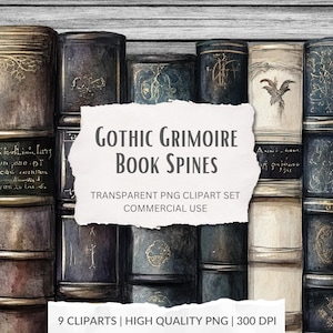 Könnte beinhalten: Neun digitale Illustrationen von gotischen Buchrücken mit komplizierten Designs und Schriftzügen. Die Buchrücken sind in Braun-, Schwarz- und Weißtönen gehalten. Der Text auf dem Bild lautet "Gothic Grimoire Book Spines", "Transparent PNG Clipart Set" und "Commercial Use".