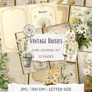 Daisy Junk Journal Kit, geboortebloem van april, shabby floral spring, vintage afdrukbare pagina's, madeliefjesbloemen, madeliefjes-ephemera, digitale download
