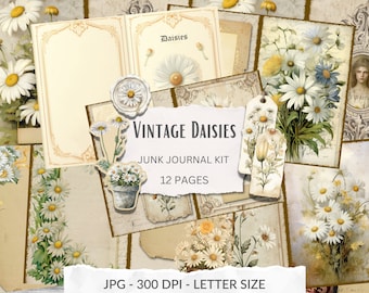 Vintage Daisy – Junk Journal Kit, April birthflower, shabby floral pages, vintage printable pages, daisy flower ephemera, instant download