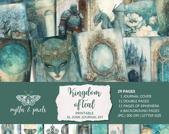 Kingdom of Teal Junk Journal Kit, medieval fairytale, dark fantasy lore, medieval dragon ephemera, fairycore collage, mystery princess pages