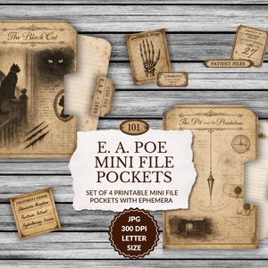 Könnte beinhalten: Eine Sammlung von vier druckbaren Mini-Aktenfächern mit Vintage-Ephemera. Die Designs zeigen Illustrationen und Texte aus Edgar Allan Poes Geschichten, darunter "The Black Cat" und "The Pit and the Pendulum".