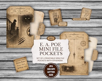 Poe Junk Journal Notebook Cards, file pocket tags ephemera, asylum pocket tags, book covers, faded grunge, digital download printable