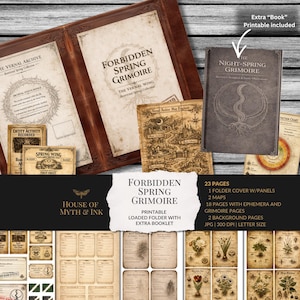 Könnte beinhalten: Eine Sammlung druckbarer Ephemera- und Grimoire-Seiten. Das Set enthält einen ledergebundenen Ordner mit dem Titel "Forbidden Spring Grimoire" und ein separates Buch mit dem Titel "The Night-Spring Grimoire". Zusätzliche Seiten zeigen Karten, botanische Illustrationen und Etiketten im Vintage-Stil.