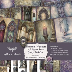 Könnte beinhalten: Eine Sammlung von druckbaren Junk-Journal-Seiten mit einem gotischen Thema. Die Seiten zeigen Illustrationen von verzierten Rahmen, architektonischen Details und einer brennenden Kerze. Der Text "Phantom Whispers - A Ghost Love Story Add-On" ist sichtbar.