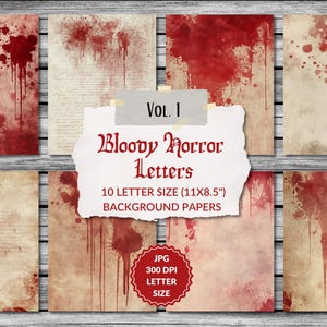 Könnte beinhalten: Eine Sammlung von zehn Hintergrundpapieren im Letter-Format (28 x 21,6 cm) mit Horror-Thema. Die Papiere haben ein Vintage-Aussehen mit roten Blutspritzern und -tropfen. Der Text auf dem Bild lautet "Bloody Horror Letters, Vol. 1".