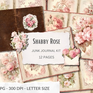 Shabby Chic Junk Journal Shabby Rose floral vintage printbare pagina's, roze rozen, Franse ephemera, bloemen, digitale download, scrapbooking