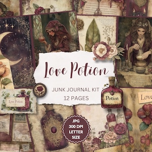 Love Potion Junk Journal Kit, Vintage Potion Printable Pages, Valentine's Day Journal, burgundy, floral, love grimoire pages, scrapbooking