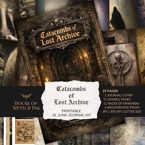 Może przedstawiać: Cyfrowy, drukowany zestaw XL junk journal zatytułowany "Catacombs of Lost Archive". Okładka przedstawia mroczną, gotycką ilustrację katakumb. Zestaw zawiera okładkę dziennika, podwójne strony, efemerydy i strony tła. Obraz zawiera również tekst "House of Myth & Ink".