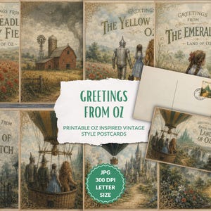 Könnte beinhalten: Eine Sammlung von Postkarten im Vintage-Stil mit Illustrationen, die von Der Zauberer von Oz inspiriert wurden. Die Postkarten zeigen Szenen wie die Smaragdstadt und das Mohnfeld, mit dem Text "Greetings from Oz".