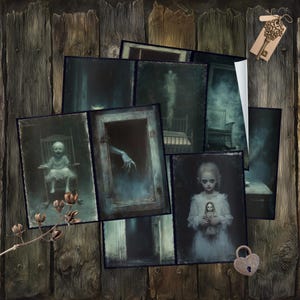 May include: A collection of eerie art prints in a vintage style, depicting ghostly figures and scenes. The prints are in shades of blue and grey, with a distressed, aged appearance. A decorative key and lock add to the antique aesthetic. The prints are arranged on a rustic wooden background.
