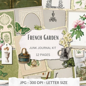 Könnte beinhalten: Ein digitales Junk Journal Kit mit französischem Gartenthema. Das Kit enthält 12 Seiten mit Bildern in einem grün-weiß-braunen Farbschema. Die Bilder zeigen Schmetterlinge, Blumen, Gießkannen und andere Gartenelemente. Das Kit ist für Scrapbooking, Kartenherstellung und andere Papierarbeiten geeignet.