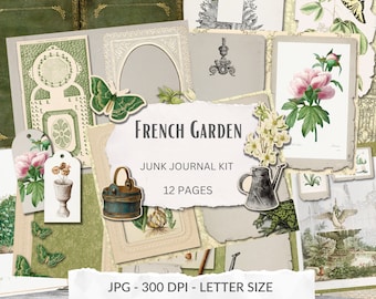 Kit de diario de jardín secreto: jardín de primavera, jardín francés, papel digital botánico shabby chic, páginas imprimibles, efímeras, descarga instantánea