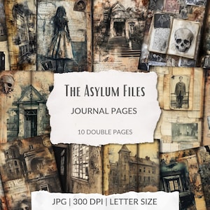 Strony dziennika śmieci The Asylum Files, Horror, Halloween, przerażający, JPG, Gotycki, Zaginione miejsce, Do druku, Arkusz kolażu, Strona do scrapbookingu