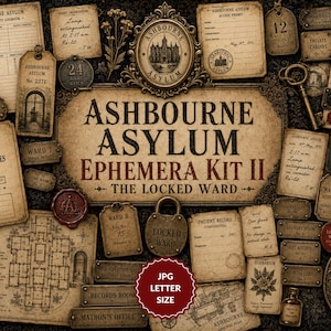 Peut inclure: Un ensemble d'éphémères en papier de style ancien intitulé Ashbourne Asylum Ephemera Kit II The Locked Ward. Le kit comprend des documents vieillis, des dossiers de patients, des plans, des étiquettes métalliques, une clé et un cadenas, en tons sépia.