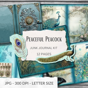 Kit de journal intime Peacock Junk avec pages imprimables éphémères, bleu sarcelle, vert, fleurs vintage, éphémères paon, scrapbooking, créations en papier, signets