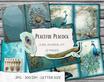 Peaceful Peacock Junk Journal Kit teal blue green turqouise Shabby Vintage Printable Pages, Envelope, Scrapbook, Paper Crafts | JK 006