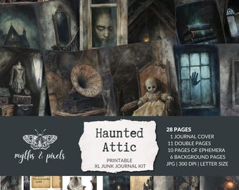 May include: A digital collage of vintage, spooky images, including a doll, gramophone, and eerie figures in a haunted attic theme. The text reads "Haunted Attic" and details the contents of the printable junk journal kit.