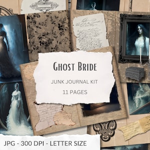 Ghost Bride Victorian Haunting Woman in Black White Lady Junk Journal Kit, Gothic, Horror, Printable Pages, Scrapbook