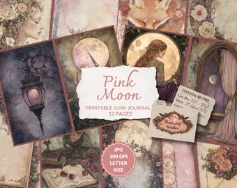Pink Moon | Junk Journal Kit, April Full Moon, printable full moon ephemera, celestial, traditional moon phases, instant download