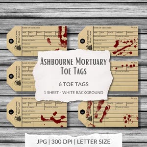 Ashbourne Morgue, etichette per le dita dei piedi dell'obitorio, etichette scrivibili per autopsie di Halloween, fogli di collage di carta stampabili, scrapbooking digitale