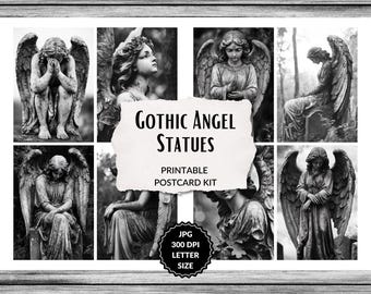 Gothic Angel Statues, 16 printable DIY postcard bundle, vintage photographs, weeping angel statue, haunted cemetery, instant download