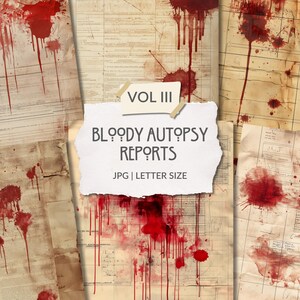 Informes de autopsias sangrientas, vol. III, Cartas sangrientas, Morgue, Páginas de diario basura, Terror, Escalofriante, Imprimible, Efímera de álbum de recortes, Escena del crimen