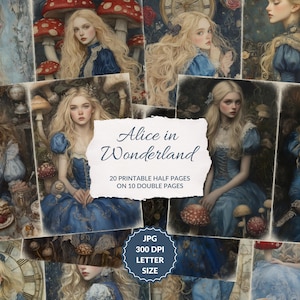 Alice in Wonderland - 20 junk journal half pages, Rabbit Hole, printable wonderland ephemera, gothic, Tea Party, instant download
