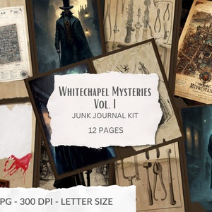 Whitechapel Mysteries, printable Jack the Ripper journal kit, , gothic horror bundle, victorian ephemera, envelopes, scrapbooking, fussy cut