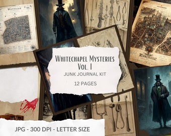 Whitechapel Mysteries, printable Jack the Ripper journal kit, , gothic horror bundle, victorian ephemera, envelopes, scrapbooking, fussy cut