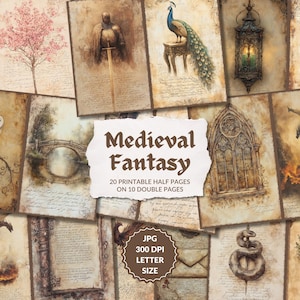 Könnte beinhalten: Eine Sammlung von druckbaren Seiten zum Thema mittelalterliche Fantasie. Die Seiten zeigen Illustrationen eines Ritters, einer Eule, eines Pfaus, eines Drachen und anderer Fantasy-Elemente. Der Text auf den Seiten lautet "Medieval Fantasy".