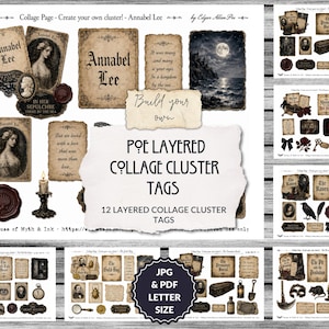 Könnte beinhalten: Ein digitales Collage-Blatt mit Papieranhängern im Vintage-Stil, Porträts und gotischen Illustrationen, inspiriert von Edgar Allan Poe. Die Sammlung enthält Textausschnitte, Wachssiegel und dunkle Motive in verschiedenen Layouts.