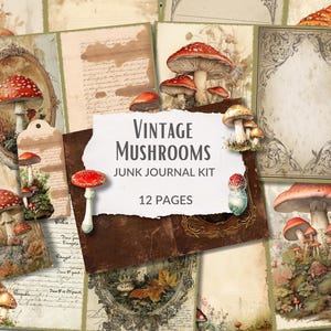 Könnte beinhalten: Vintage Mushrooms Junk Journal Kit mit 12 Seiten mit Illustrationen von Pilzen in verschiedenen Farben und Stilen. Das Kit enthält eine Vielzahl von Papieren, Etiketten und Verzierungen.