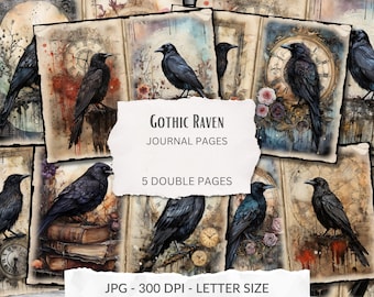Black Raven Junk Journal Pages, gothic crow collage sheet, digital scrapbook paper kit, Gothic Printable, witchcraft, instant download