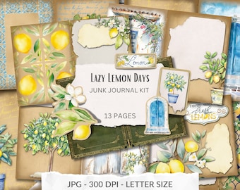 May include: A collection of scrapbook paper and ephemera with a lemon theme. The kit includes pages with watercolor illustrations of lemon trees, lemons, and architectural elements. The text "LAZY LEMON DAYS JUNK JOURNAL KIT" is visible. The kit contains 13 pages.