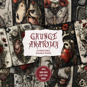 Puede incluir: Colección de páginas dobles imprimibles con ilustraciones de anatomía grunge. Las imágenes incluyen calaveras, corazones, pulmones y mariposas, con una estética vintage. El texto "Grunge Anatomy" se muestra de forma destacada.