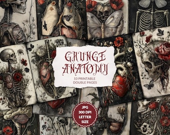 Pagine di diario di anatomia grunge, anatomia antica, anatomia botanica, JPG, gotico, macabro, scheletro, teschio stampabile, cuore, download immediato