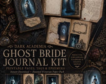 May include: A digital journal kit featuring printable pages, tags, and ephemera with a ghost bride theme. The collection includes images of a woman in a white dress holding a lantern, ornate frames, vintage script, and dark floral patterns.