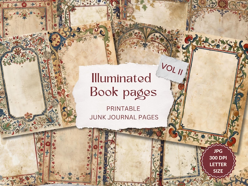 Vintage Medieval Illuminated Manuscript, Junk Journal Pages Vol. II ...