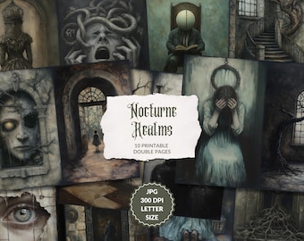 May include: A selection of ten printable double pages with gothic and surreal artwork. The images feature portraits, architectural details, and figures in a muted colour scheme. The text "Nocturne Realms" is displayed on a torn piece of paper.