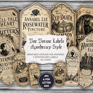 Könnte beinhalten: Eine Sammlung von Apothekenetiketten im Vintage-Stil mit einem gotischen Thema. Die Etiketten zeigen Texte wie "Tell-Tale Heart Bitters" und "Usher Housefall Elixir". Die Etiketten sind in verschiedenen Formen und Größen mit Illustrationen.