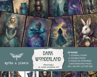 Dark Alice in Wonderland - Junk Journal Kit, grunge, haunted, dark whimsy wonderland, teal, purple, gothic fairytale, instant download