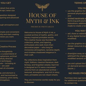 May include: Dark navy blue printable with the text "HOUSE OF MYTH & INK PREMIUM PRINTABLES" and a butterfly illustration. The design includes product information, terms of use, and creative process details for digital art.
