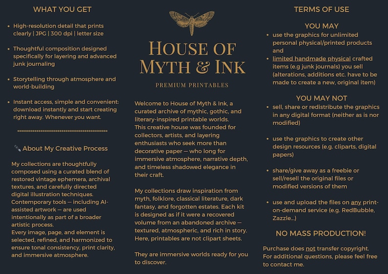 May include: Dark navy blue printable with the text "HOUSE OF MYTH & INK PREMIUM PRINTABLES" and a butterfly illustration. The design includes product information, terms of use, and creative process details for digital art.