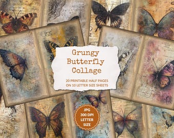 Grungy Butterfly Collage, Bird Garden Junk Journal Pages, Vintage Butterfly Ephemera, Scrapbook printable, Printable Paper, Digital Collage