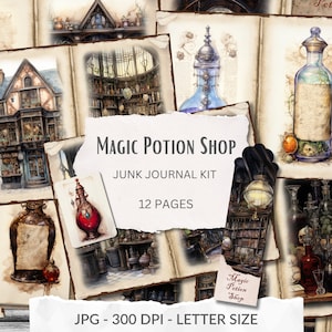 Könnte beinhalten: Ein digitales Junk Journal Kit mit 12 Seiten mit Illustrationen eines Zaubertrankladens, Flaschen und anderer magischer Gegenstände. Das Kit trägt den Titel "Magic Potion Shop Junk Journal Kit" und enthält den Text "12 Pages".