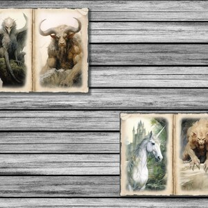 Peut inclure: Deux livres ouverts avec des illustrations de cr&eacute;atures mythologiques. La page de gauche montre un griffon aux plumes blanches et grises, perch&eacute; sur un rocher. La page de droite montre un minotaure &agrave; la fourrure brune, debout sur un rocher. Le deuxi&egrave;me livre montre une licorne blanche avec une corne argent&eacute;e, debout dans une for&ecirc;t, et un lion &agrave; la fourrure brune, debout sur un rocher.