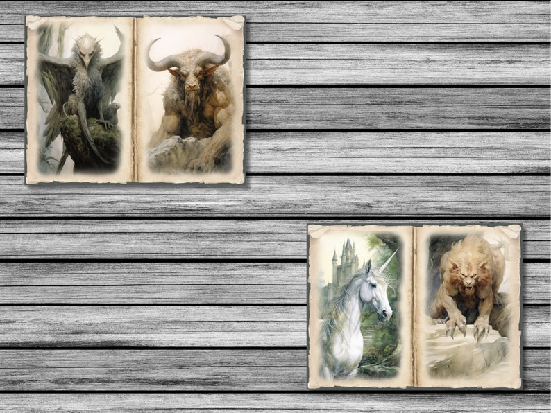 Peut inclure: Deux livres ouverts avec des illustrations de cr&eacute;atures mythologiques. La page de gauche montre un griffon aux plumes blanches et grises, perch&eacute; sur un rocher. La page de droite montre un minotaure &agrave; la fourrure brune, debout sur un rocher. Le deuxi&egrave;me livre montre une licorne blanche avec une corne argent&eacute;e, debout dans une for&ecirc;t, et un lion &agrave; la fourrure brune, debout sur un rocher.