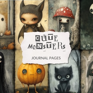 Cute Grungy Monsters, Whimsical Halloween Junk Journal Printable Pages, Retro, Journal Bundle, Digital Collage Sheet, Background