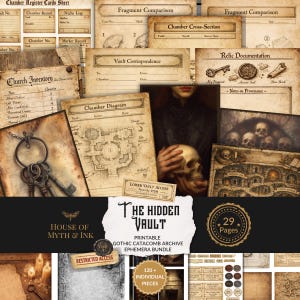 May include: A selection of vintage-style ephemera with a gothic theme, including maps, keys, and documents. The image features the text "The Hidden Vault" and "Gothic Catacomb Archive Ephemera Bundle". The bundle includes 120+ individual pieces and 29 pages.
